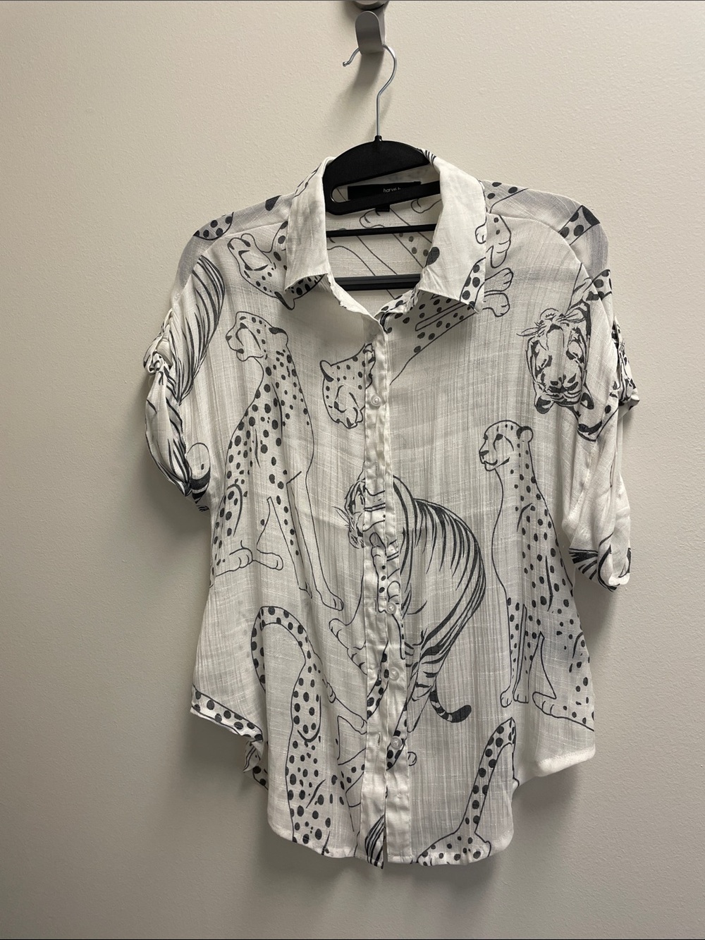Harve Benard White Button-Up Blouse with Black Leopard Print